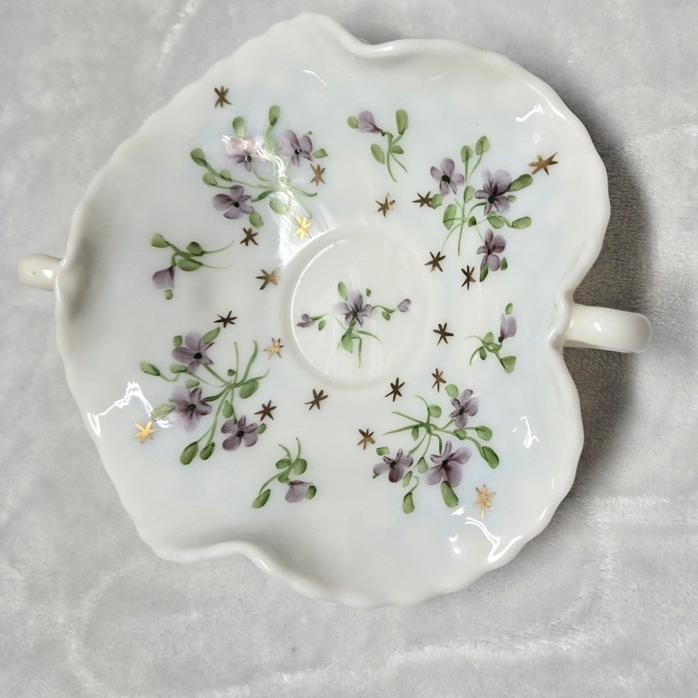 Fenton Milk Glass Violets in the Snow Hobnail Bon Bon Dish Double Handle 7.5in